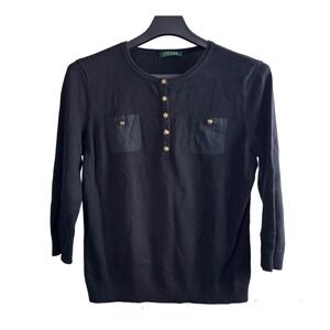 Lauren Ralph Lauren Black Henley Knit Top Gold Crest Buttons Chest Pockets